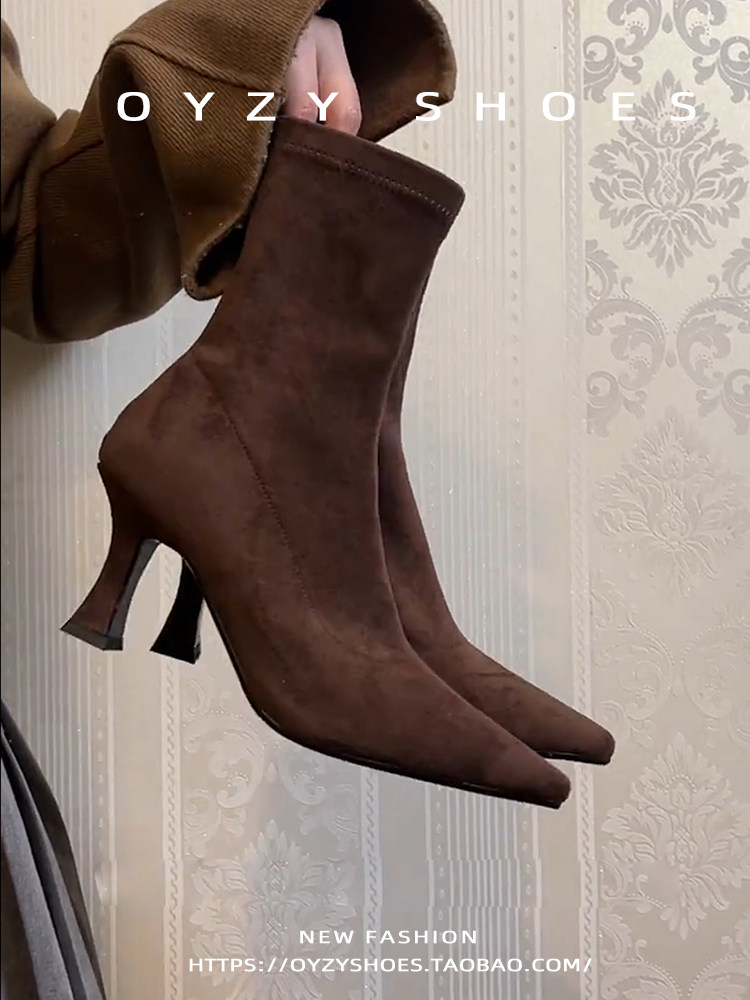 秋冬新款尖头高跟瘦瘦靴女法式细跟复古后拉链绒面短靴弹力时装靴主图