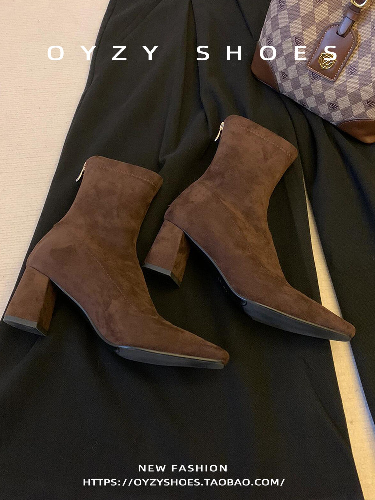 秋冬新款方头高跟瘦瘦靴女法式粗跟复古后拉链绒面短靴弹力时装靴主图