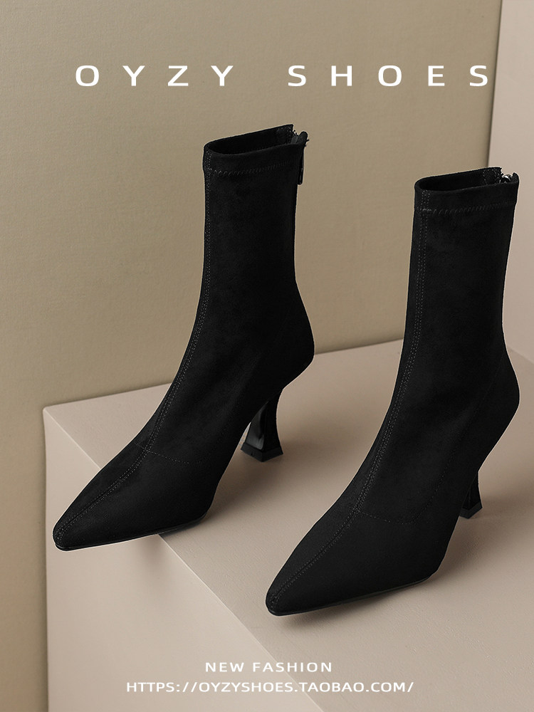 黑色尖头细跟短靴女高跟瘦瘦靴拉链时装靴后拉链绒面弹力靴女踝靴主图