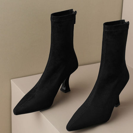 黑色尖头细跟短靴女高跟瘦瘦靴拉链时装靴后拉链绒面弹力靴女踝靴