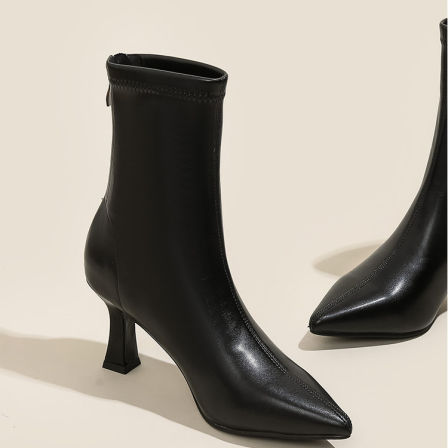 法式黑色尖头细跟短靴女高跟鞋瘦瘦靴小个子不累脚时装靴软皮气质