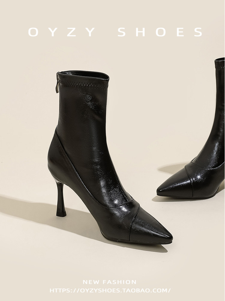 韩版尖头瘦瘦靴女黑色细跟后拉链软皮短靴法式时装靴高跟鞋拼接女主图