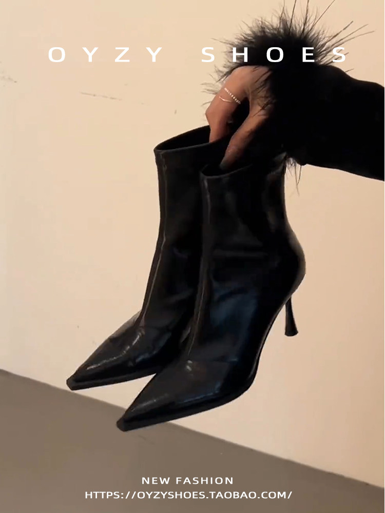 秋冬新款尖头高跟鞋瘦瘦靴女法式细跟复古后拉链软皮短靴时装靴女主图