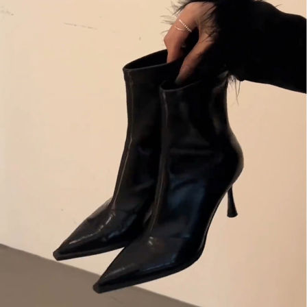 秋冬新款尖头高跟鞋瘦瘦靴女法式细跟复古后拉链软皮短靴时装靴女