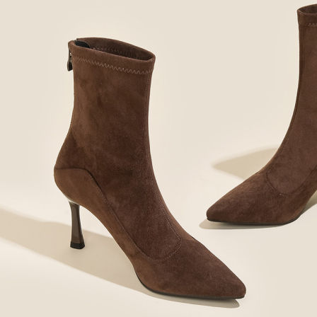 韩版尖头细跟高跟鞋短靴女棕色弹力瘦瘦靴通勤时装靴女后拉链绒面