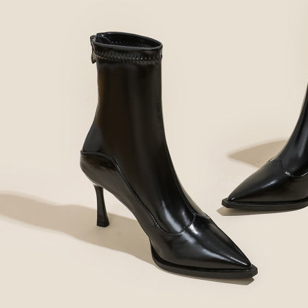 秋冬新款尖头高跟瘦瘦靴女法式细跟复古后拉链软皮短靴弹力时装靴