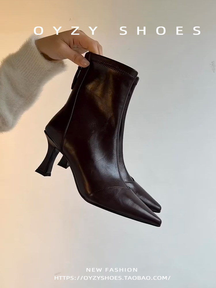 韩版棕色尖头短靴女冬季中跟细跟法式踝靴瘦瘦靴高跟鞋拼接后拉链主图