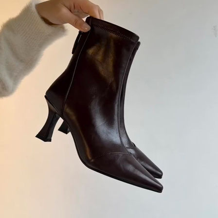 韩版棕色尖头短靴女冬季中跟细跟法式踝靴瘦瘦靴高跟鞋拼接后拉链