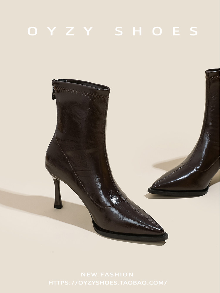 秋冬新款尖头高跟瘦瘦靴女法式细跟复古后拉链软皮短靴弹力时装靴主图