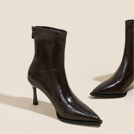 秋冬新款尖头高跟瘦瘦靴女法式细跟复古后拉链软皮短靴弹力时装靴