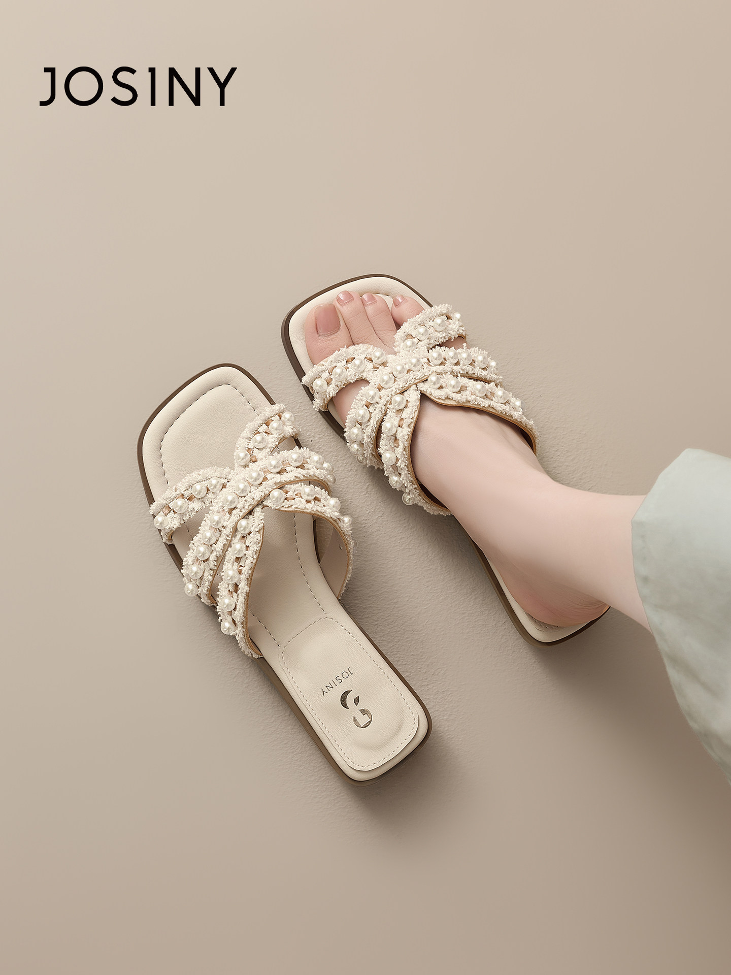 卓诗尼珍珠时尚凉拖鞋女夏外穿仙女风2026新款夏季平底一字拖女款主图