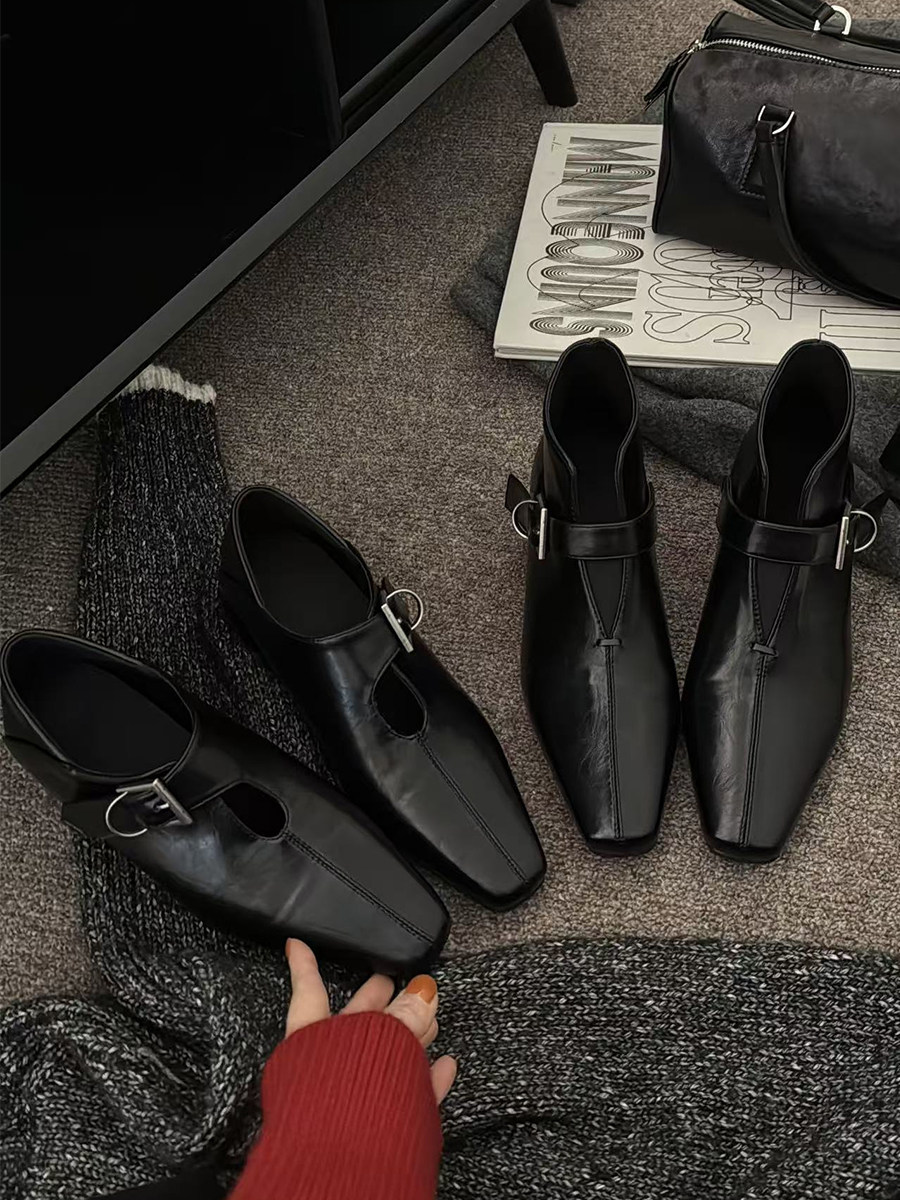 牛皮版~方头复古皮带扣深口乐福单鞋女百搭气质通勤内增高小皮鞋主图