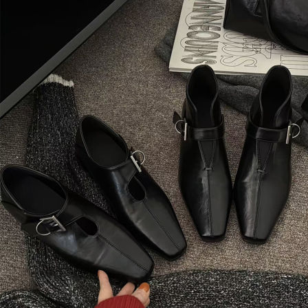 牛皮版~方头复古皮带扣深口乐福单鞋女百搭气质通勤内增高小皮鞋