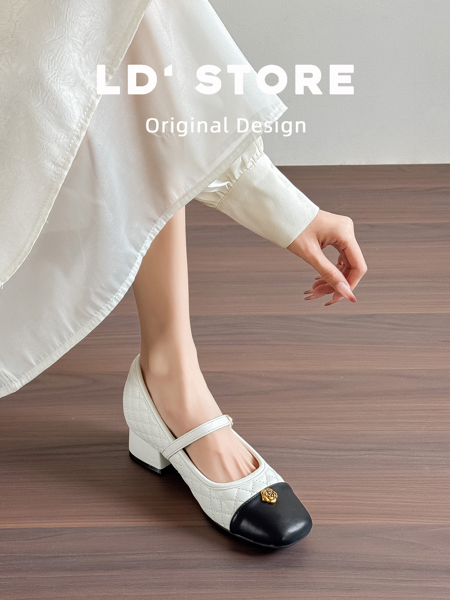 7cm内增高~粗跟玛丽珍单鞋女2026春小香风方头一字带山茶花高跟鞋主图