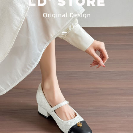 7cm内增高~粗跟玛丽珍单鞋女2026春小香风方头一字带山茶花高跟鞋