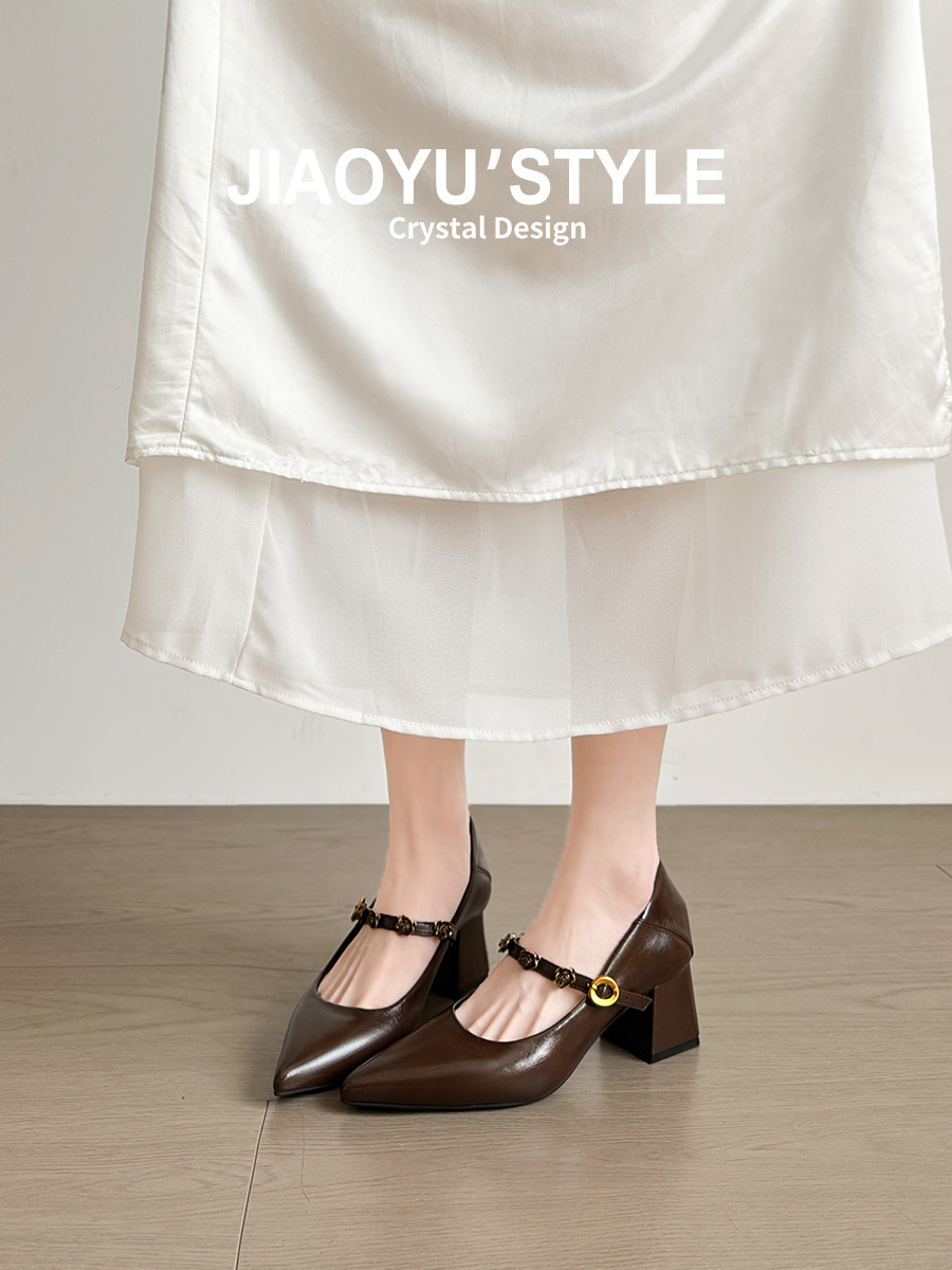 真皮~骄屿法式粗跟玛丽珍鞋女尖头通勤单鞋气质浅口一字带高跟鞋主图