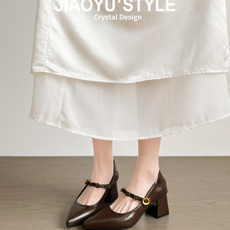 真皮~骄屿法式粗跟玛丽珍鞋女尖头通勤单鞋气质浅口一字带高跟鞋