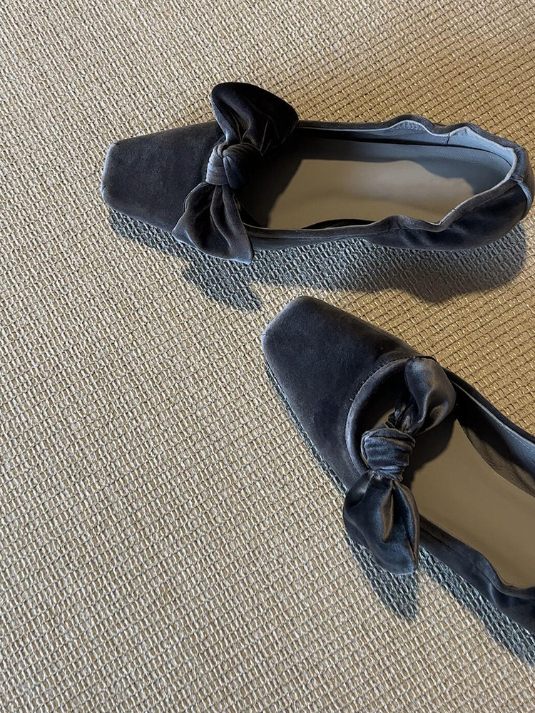 羊皮版~法式优雅丝绒高级芭蕾鞋女方头一脚蹬蝴蝶结平底褶皱单鞋主图