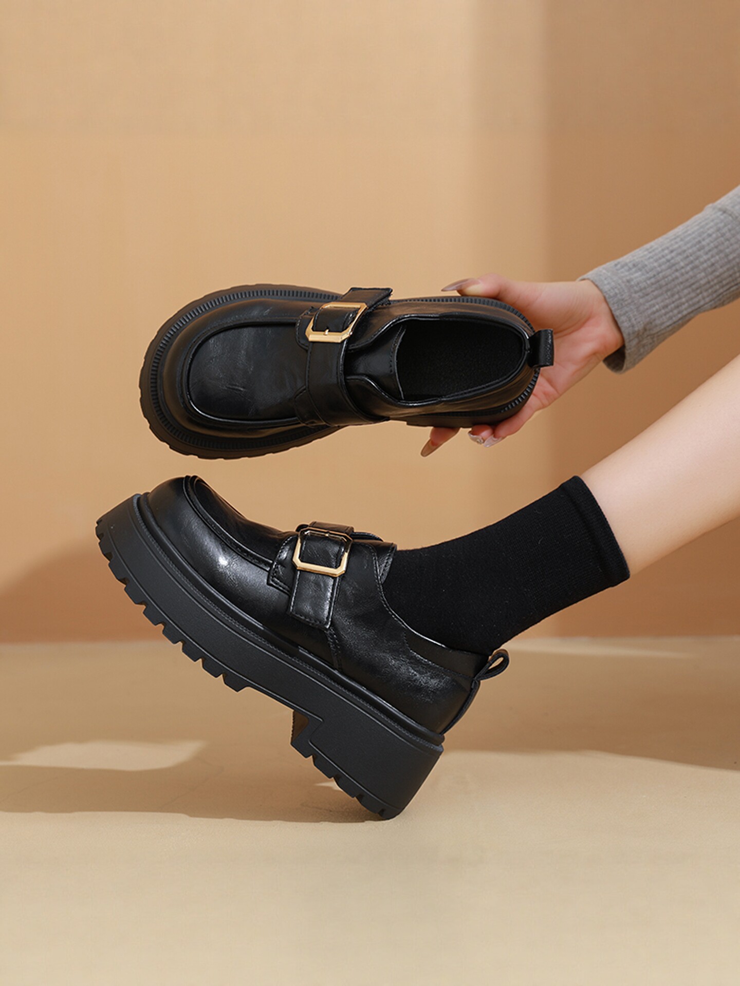 厚底乐福鞋女2026新款春季真皮不累脚黑色英伦风增高小皮鞋配裙子主图