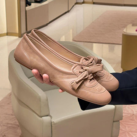 羊皮版~休闲复古真皮系带德训鞋女通勤时尚慵懒时尚百搭芭蕾舞鞋