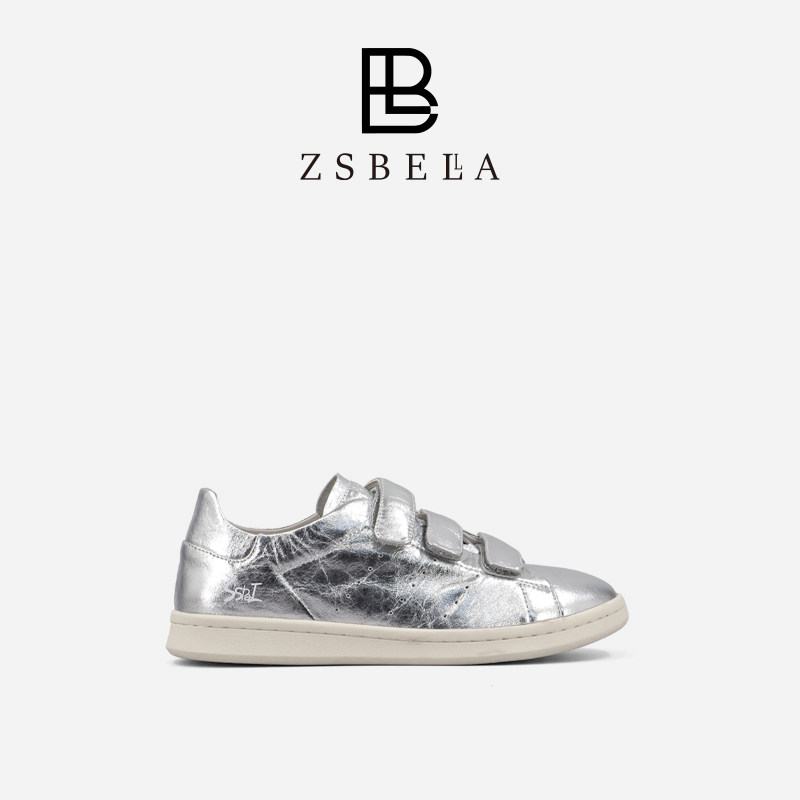 ZSBELLA2026年春季新款浅口女鞋低帮魔术贴圆头板鞋牛皮小白鞋主图