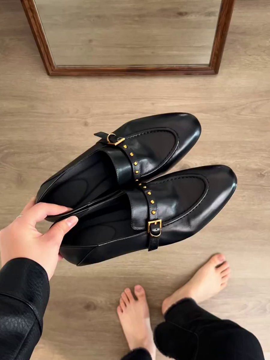 羊皮版~通勤复古一脚蹬日常乐福鞋低跟百搭皮带扣设计老钱风单鞋主图