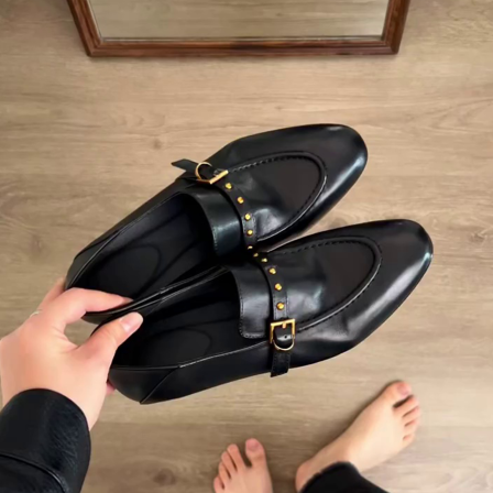 羊皮版~通勤复古一脚蹬日常乐福鞋低跟百搭皮带扣设计老钱风单鞋