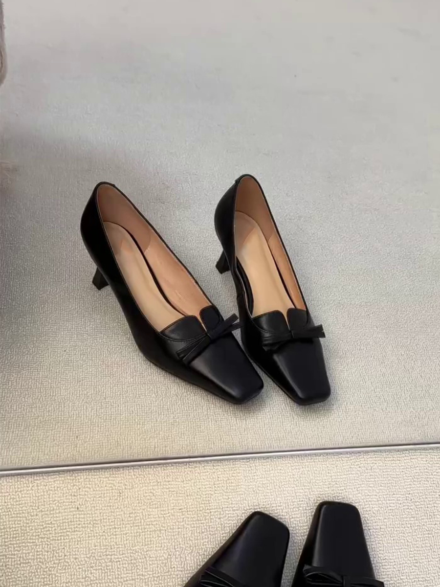 羊皮版~浅口简约纯色细跟韩式单鞋蝴蝶结设计方头细跟百搭高跟鞋主图