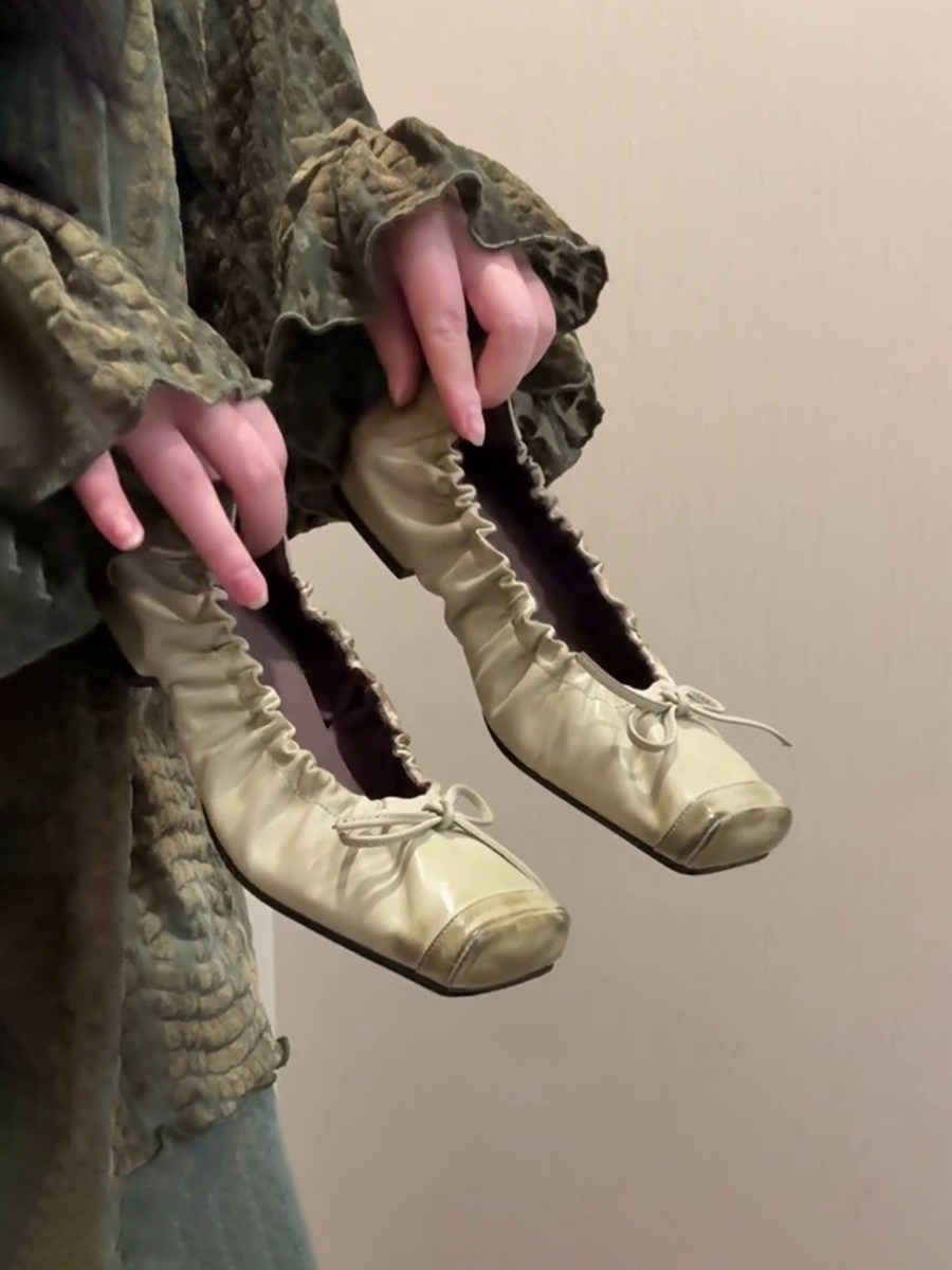 羊皮版~方头复古做旧褶皱蝴蝶结芭蕾舞鞋浅口单鞋一脚蹬平底鞋女主图