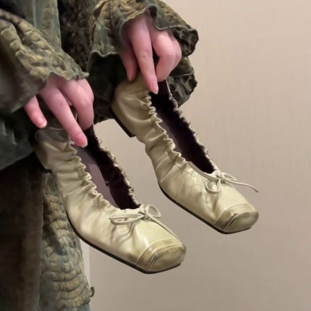 羊皮版~方头复古做旧褶皱蝴蝶结芭蕾舞鞋浅口单鞋一脚蹬平底鞋女