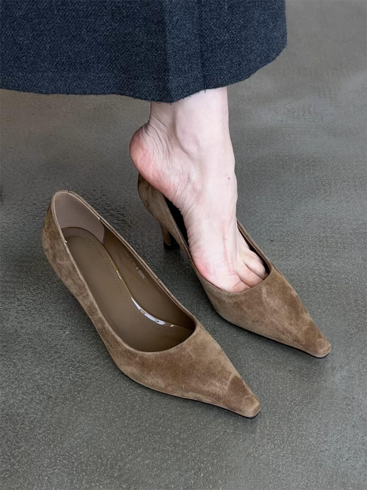 羊皮版~优雅时尚感绒面一脚蹬不累脚单鞋女复古尖头气质高跟鞋春主图