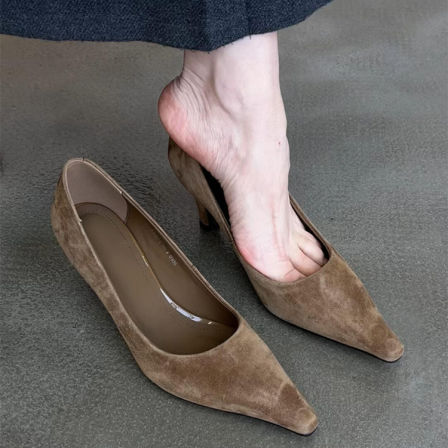 羊皮版~优雅时尚感绒面一脚蹬不累脚单鞋女复古尖头气质高跟鞋春