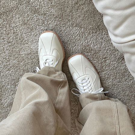 Wheat house ~！老钱风真皮方头绑带小皮鞋女低跟深口德训小白鞋