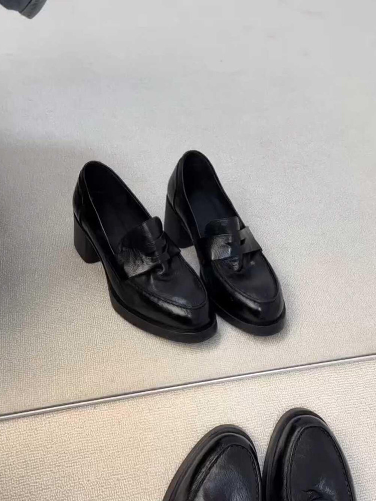 羊皮版~通勤鞋女复古软皮简约厚底粗跟不累脚乐福鞋女黑色小皮鞋主图