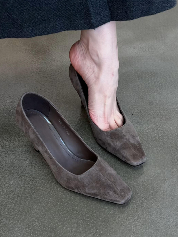 羊皮版~绝美优雅高跟鞋女方头绒面一脚蹬气质时髦百搭复古工作鞋主图