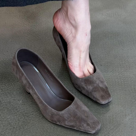 羊皮版~绝美优雅高跟鞋女方头绒面一脚蹬气质时髦百搭复古工作鞋