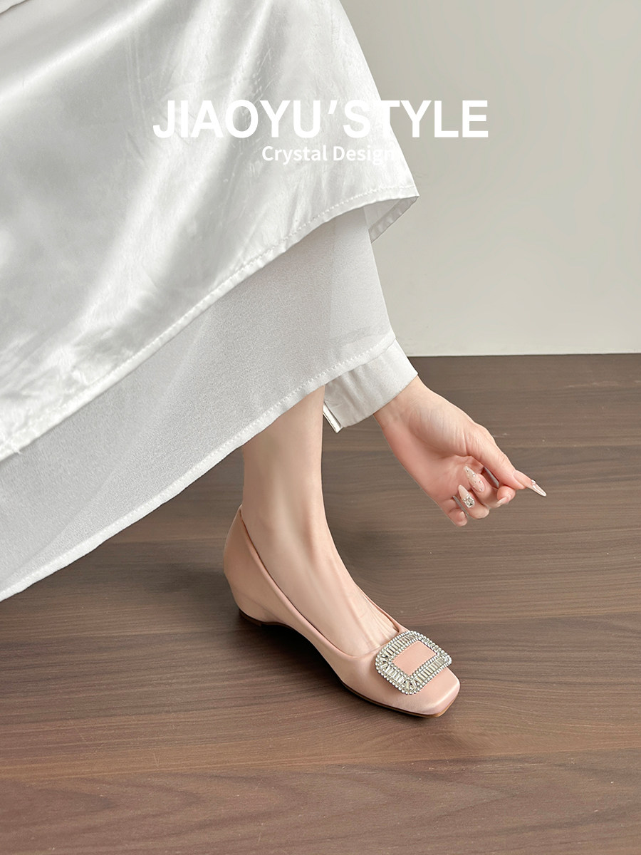 真皮~骄屿方扣水钻玛丽珍鞋方头缎面浅口内增高春季新款通勤单鞋主图