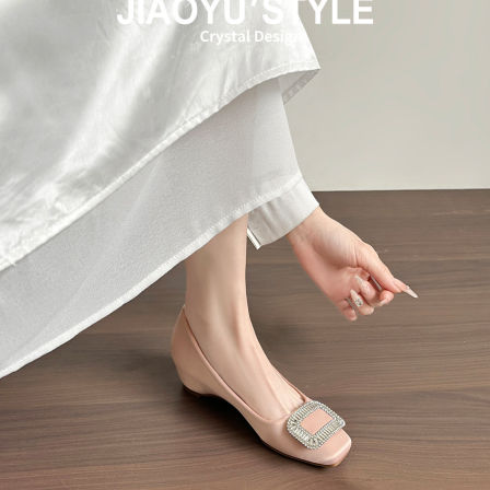 真皮~骄屿方扣水钻玛丽珍鞋方头缎面浅口内增高春季新款通勤单鞋