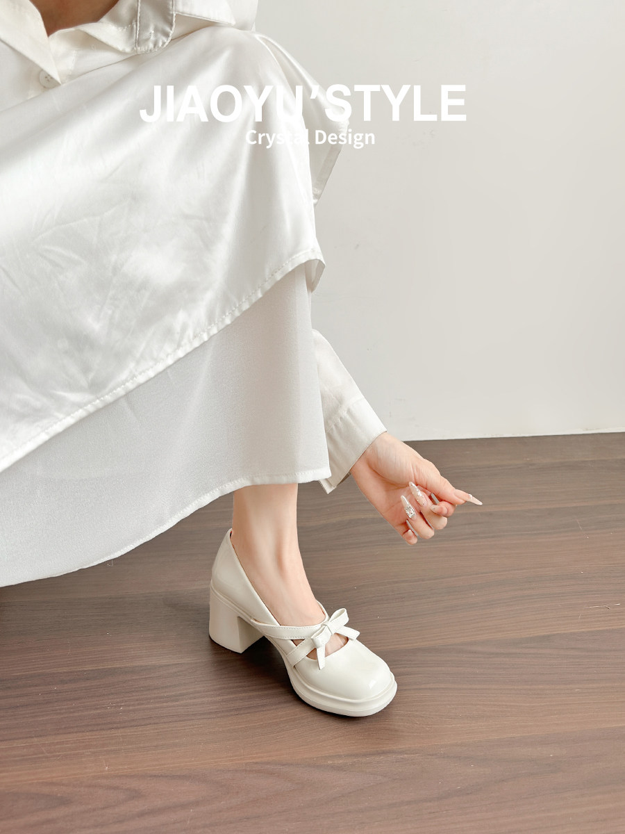 真皮~骄屿厚底蝴蝶结玛丽珍高跟鞋2026新款法式粗跟浅口白色单鞋主图