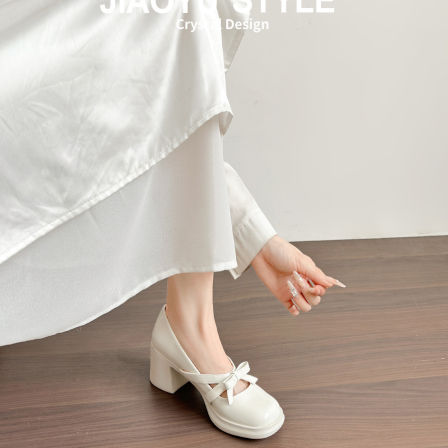 真皮~骄屿厚底蝴蝶结玛丽珍高跟鞋2026新款法式粗跟浅口白色单鞋