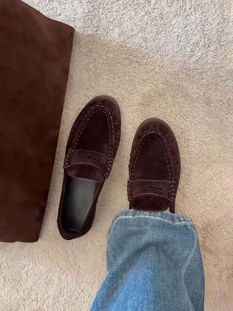 牛皮版~复古老钱风圆头简约一脚蹬乐福鞋通勤深口懒人低跟小皮鞋主图