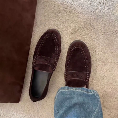 牛皮版~复古老钱风圆头简约一脚蹬乐福鞋通勤深口懒人低跟小皮鞋