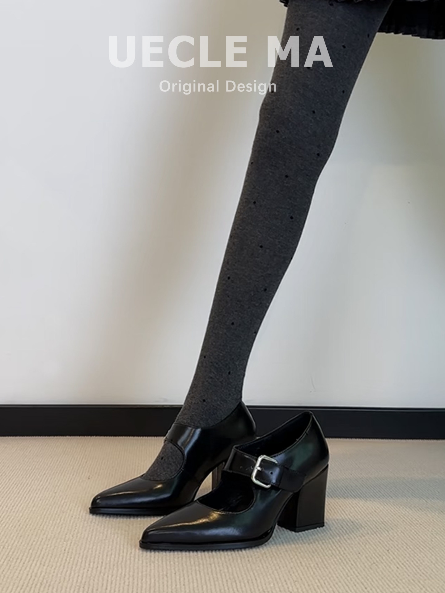 羊皮版~中古风尖头玛丽珍鞋浅口气质单鞋女粗跟黑色高跟鞋子通勤主图