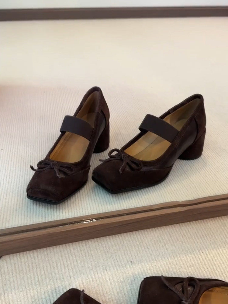 羊皮版~芭蕾风小众蝴蝶结方头浅口单鞋女日常通勤一脚蹬玛丽珍鞋主图