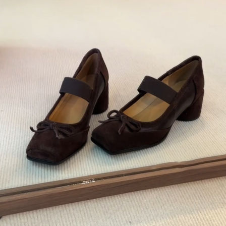 羊皮版~芭蕾风小众蝴蝶结方头浅口单鞋女日常通勤一脚蹬玛丽珍鞋