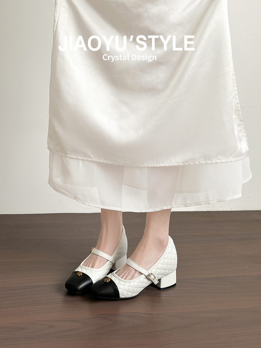 真皮~骄屿7cm内增高玛丽珍高跟鞋女春新款小香风法式拼接通勤单鞋主图