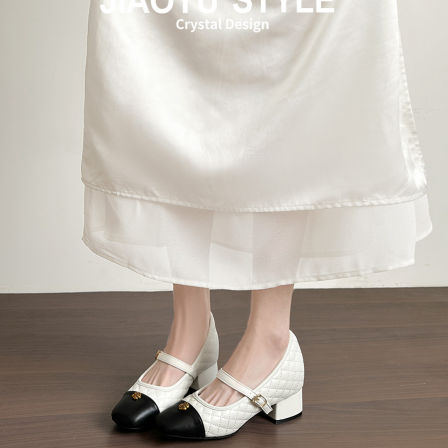 真皮~骄屿7cm内增高玛丽珍高跟鞋女春新款小香风法式拼接通勤单鞋