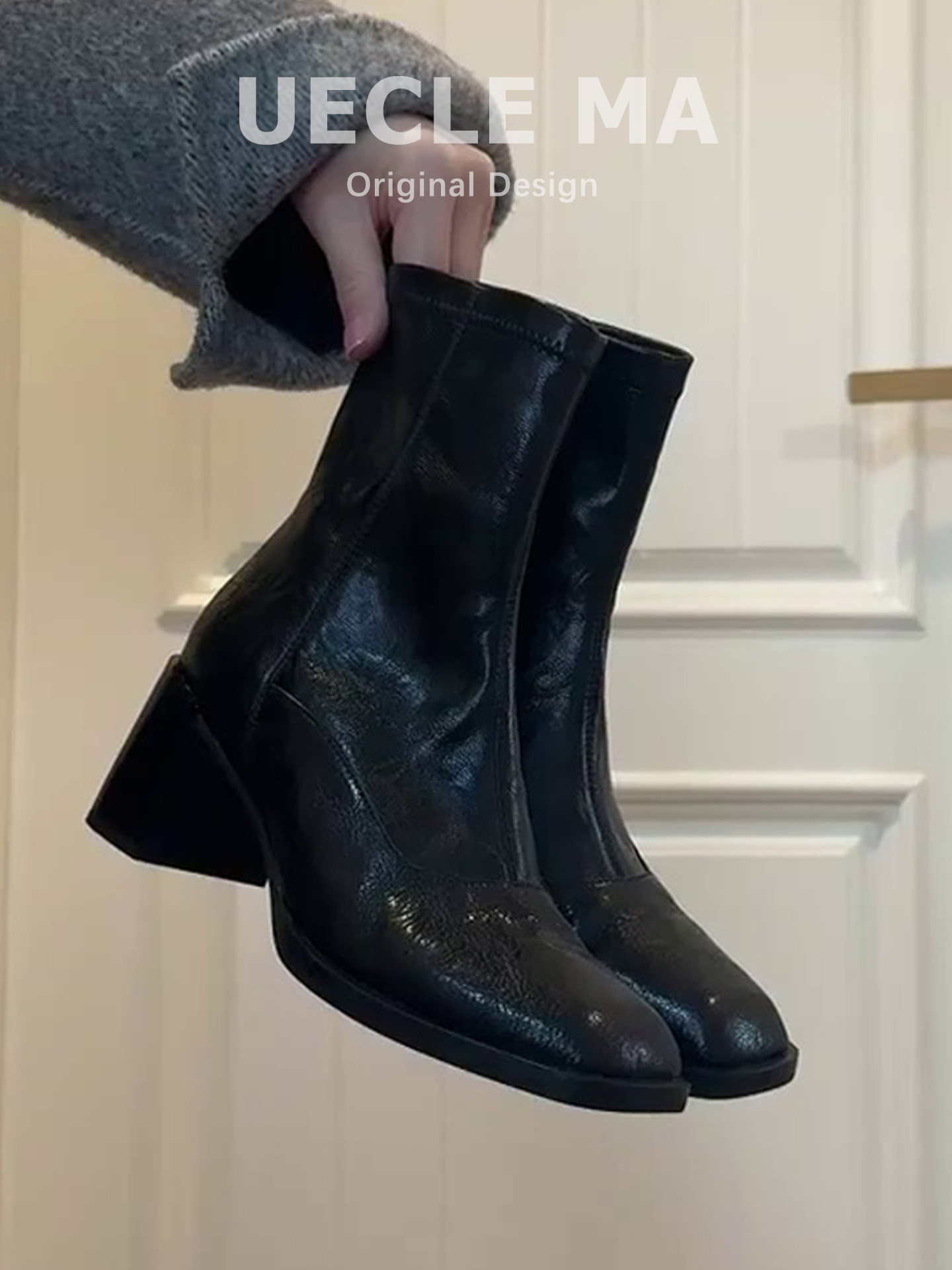 羊皮版~高跟鞋气质高级不累脚~洋气短靴女马丁靴子法式粗跟瘦瘦靴主图