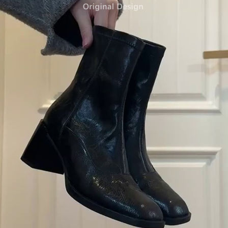 羊皮版~高跟鞋气质高级不累脚~洋气短靴女马丁靴子法式粗跟瘦瘦靴