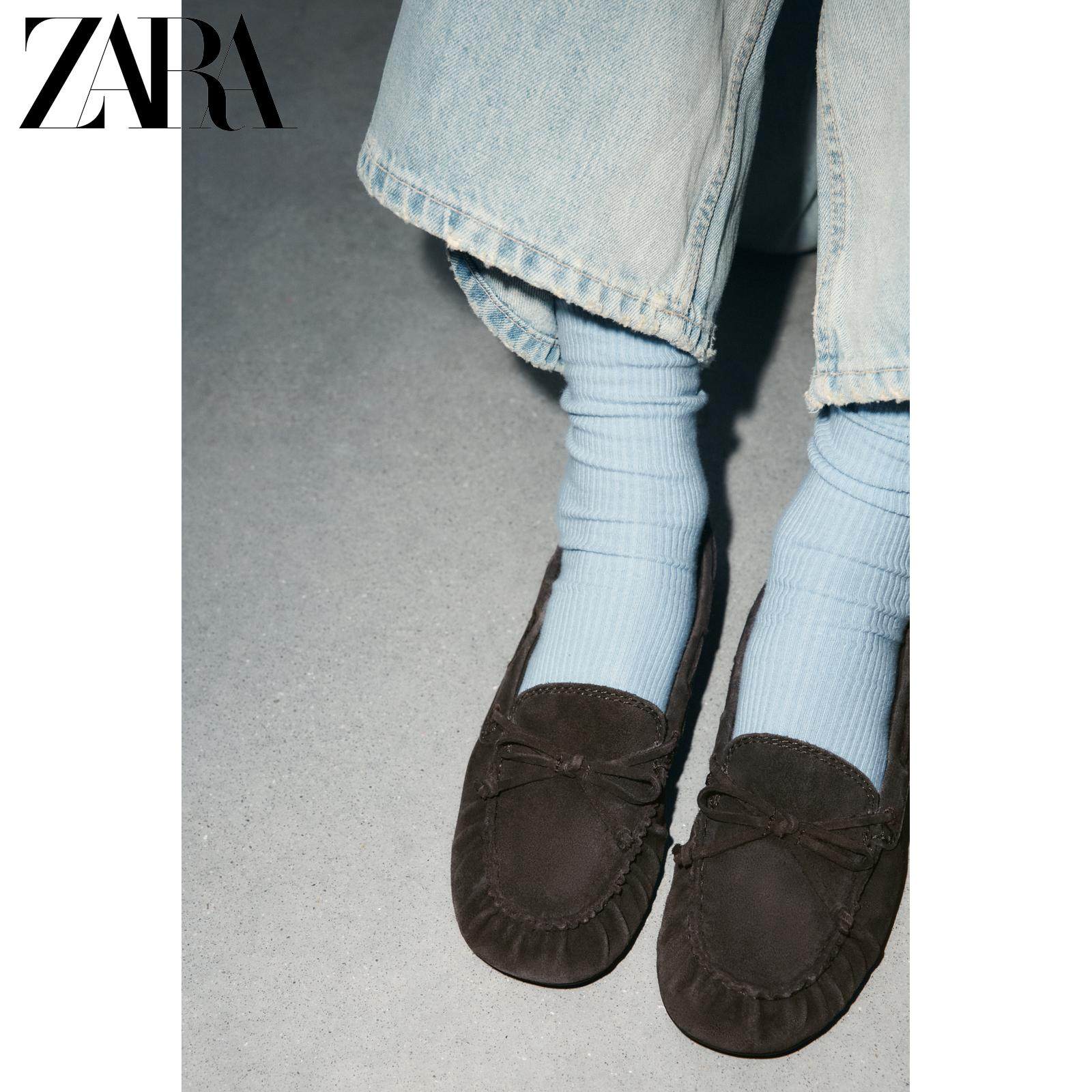 ZARA特惠精选 女鞋 褶皱蝴蝶结饰反绒皮航海船鞋 3544610 700主图